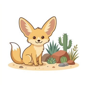 Cute fennec fox cartoon illustration in desert
