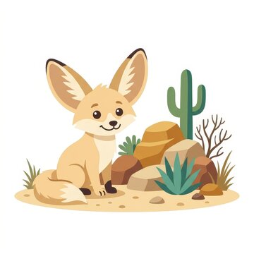 Cute fennec fox in desert cartoon illustration