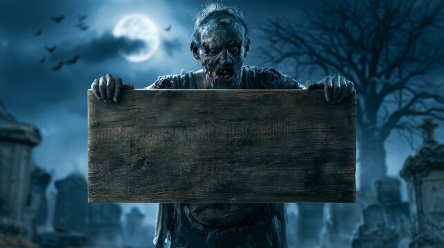 A zombie holding a blank wooden sign in a graveyard at night, with bats and the moon in the background.