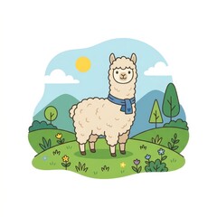 Fototapeta premium Cute cartoon alpaca with scarf in a meadow landscape
