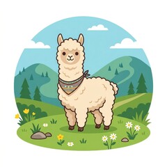 Fototapeta premium Cute cartoon llama in mountain landscape
