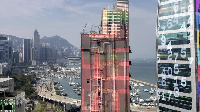 hong kong cyberpunk city with overlayed code and data on the buildings