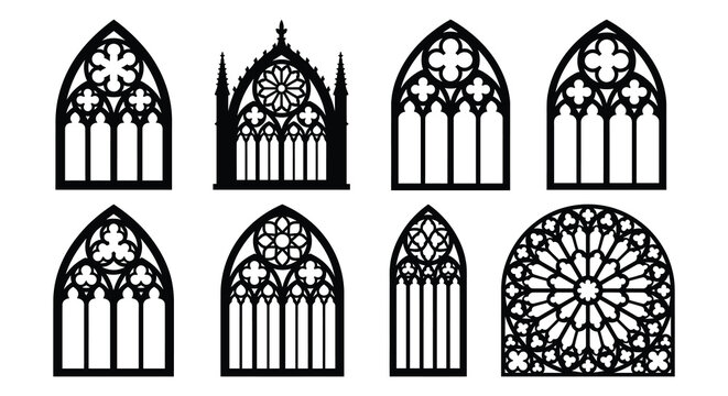 Gothic window and rose window vector illustrations on a white background