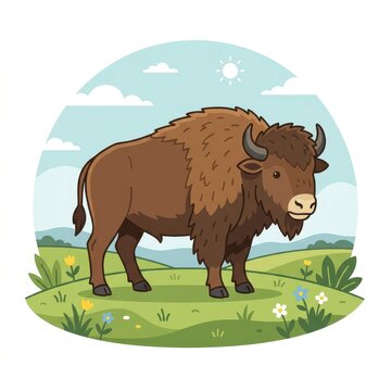 Cute bison in meadow cartoon illustration