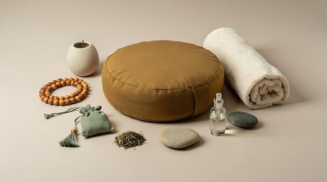 Peaceful Zen Meditation Set Featuring a Round Cushion, Wooden Mala Beads, Essential Oil Spray, Wellness Stones, and a Rolled Towel on a Minimalist Beige Background for Mindfulness and Yoga Practice