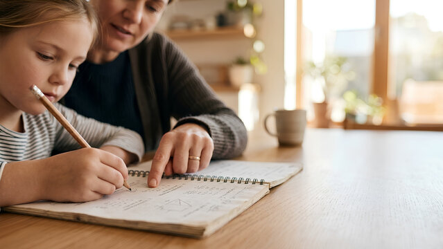 Daughter concentrated on homework while her mother helps guide her pencil across the paper page inside a cozy home setting.