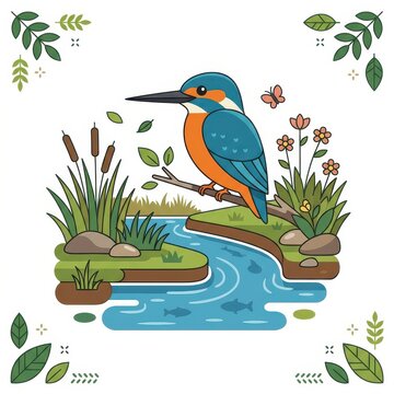 Cute kingfisher bird river landscape vector illustration