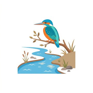 Kingfisher bird perched on branch near river vector illustration
