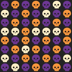 Fototapeta premium Seamless pattern of colorful skulls in orange, purple and white arranged in grid, festive spooky flat design illustration.