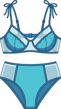 Blue two-piece lingerie set with underwire bra top, tie shoulder straps and high-waist briefs, women's swimwear fashion vector illustration