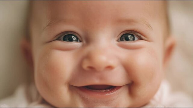 Close-up of a cute newborn baby girl looking at the camera and smiling with a toothless grin