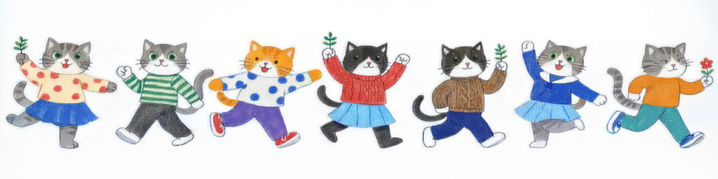 Playful cats in various outfits holding flowers and running joyfully  