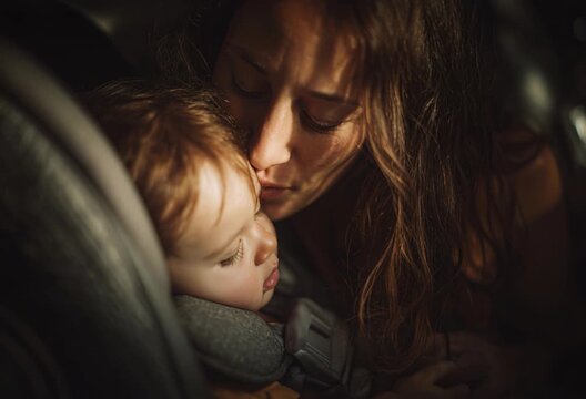 Loving mother tenderly kissing her sleeping baby in a car seat during a road trip