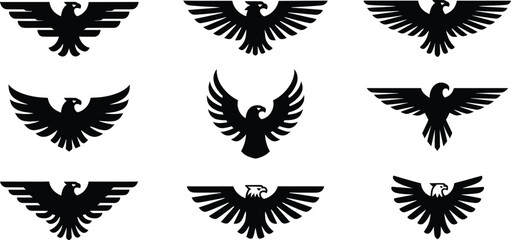 Obraz premium Collection of nine black eagle silhouettes, stylized bird of prey with spread wings for heraldry, emblems, and