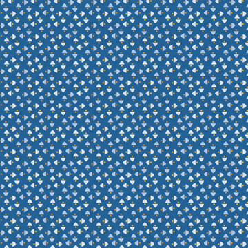 Blue seamless geometric pattern with abstract white and yellow polka dot floral motif tileable print backdrop wallpaper vector texture for textile fabric fashion background