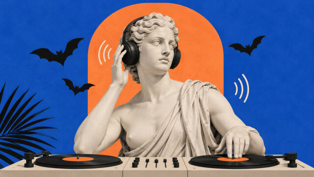 Halloween club night and DJ set. Classical marble statue in headphones mixing on twin turntables with vinyl records, bats and palm leaf around an arch