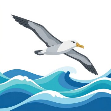 Albatross flying over ocean waves vector illustration