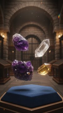 Magical Floating Crystals and Gemstones in Ancient Stone Vault