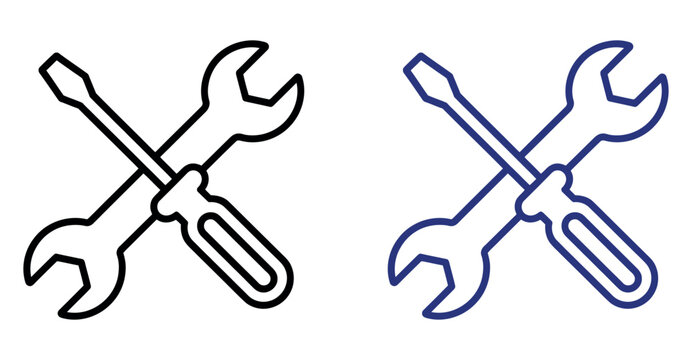 Crossed wrench and screwdriver industrial repair tools outline vector icons symbol set graphic.