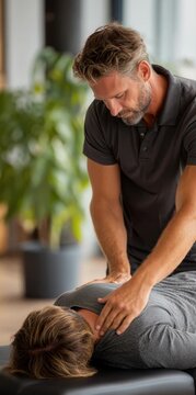 Chiropractor treating a patient with a relaxing neck and shoulder massage in a modern clinic