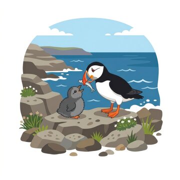 Puffin feeding its chick on a cliff by the sea