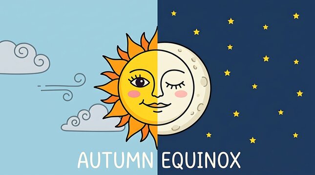 Stylized sun and moon illustration representing the autumn equinox with day and night sky