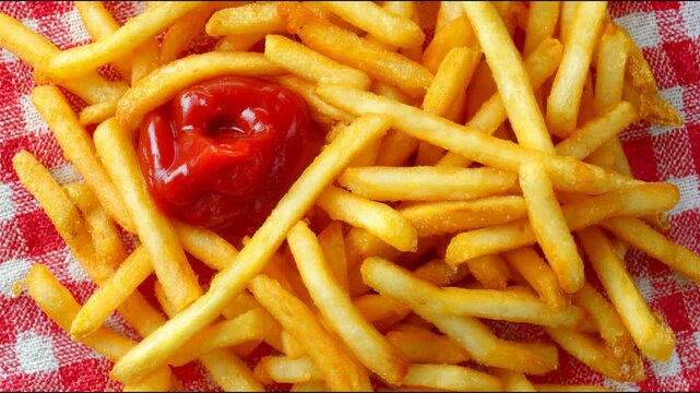 Human hand taking a golden french fry and dipping it into fresh red ketchup, top down view