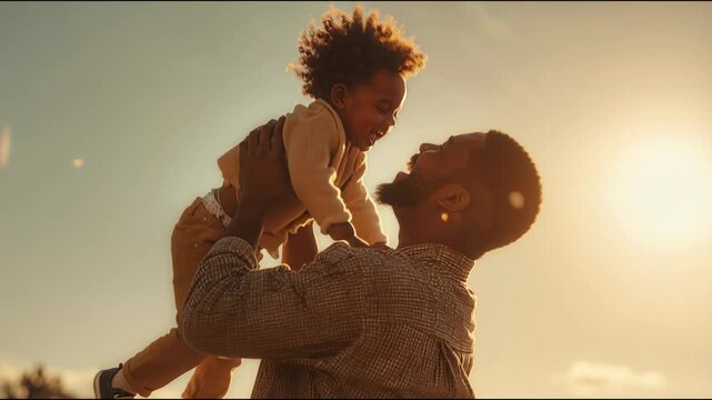 Loving black father playing with his smiling toddler son, lifting him into the air at sunset