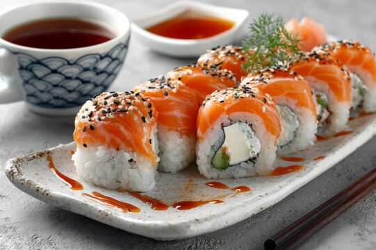 Human hand picking up a fresh salmon and cream cheese sushi roll from a ceramic plate