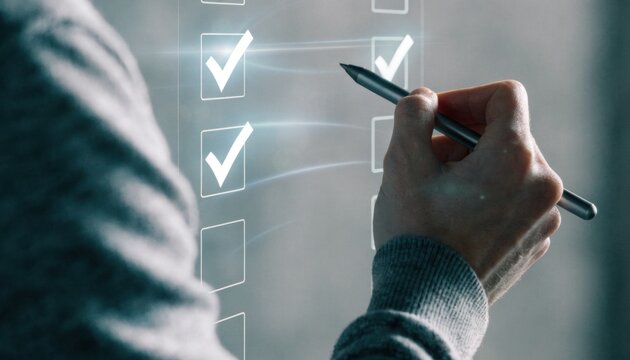Person's hand with stylus checking on a digital checklist