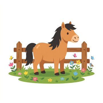 Cute cartoon horse in a meadow