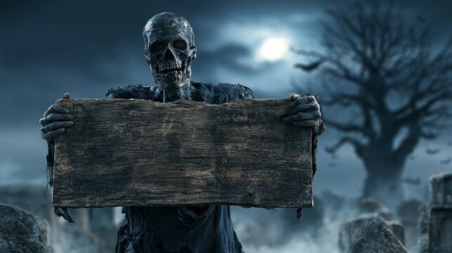 A zombie holding a blank wooden sign in a graveyard at night, with bats and the moon in the background.