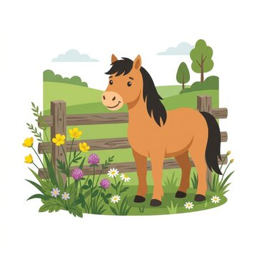 Cute cartoon horse by the fence with flowers