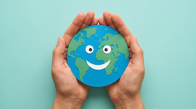 A pair of human hands gently holding a smiling planet earth globe to celebrate the annual global event world smile day