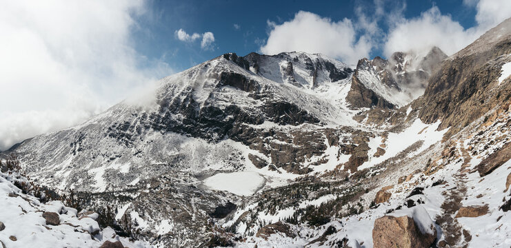 PANORAMIC PHOTOGRAPH OF LONGS PEAK DURING WINTER