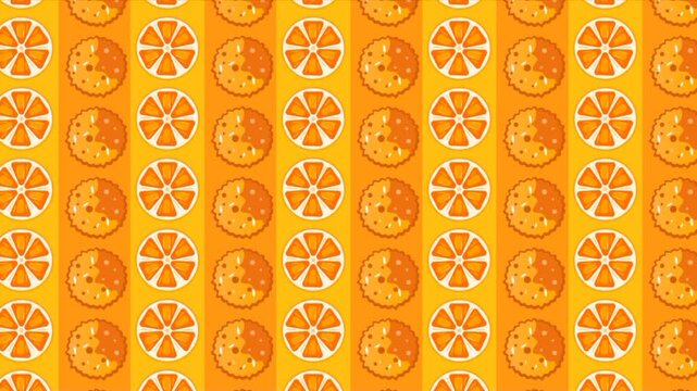 Seamless pattern of orange slices and cookies on yellow striped