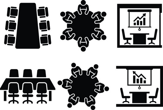 Meeting and conference icon set featuring a top-down rectangular table, a round table with seated people, and a presentation screen with a growth chart.
