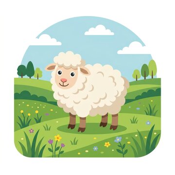 Cute sheep in a green meadow cartoon vector