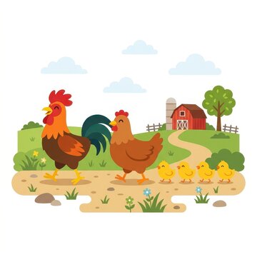 Cute cartoon family of chickens walking on farm landscape