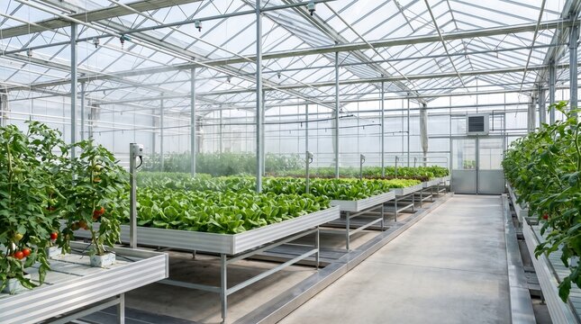 Modern greenhouse hydroponic farming system with row crops under artificial lighting