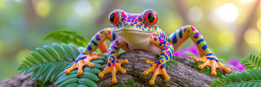 Colorful tropical frog resting on a mossy branch, featuring vivid blue, orange, green, and red patterns, surrounded by lush foliage and soft natural bokeh.