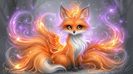 Obraz premium Mystical orange fox spirit surrounded by glowing flames, sparks and magical energy, creating a dramatic fantasy creature illustration with an ethereal atmosphere.