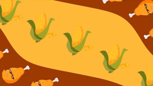 Animated pattern of cartoon corn and chicken legs on yellow background