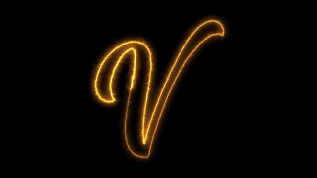 Dynamic glowing letter v motion graphic with fire effect on black background.