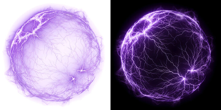 Purple Plasma Sphere electric energy ball with lightning bolts design for use with PNG, Transparent and Black Background Versions