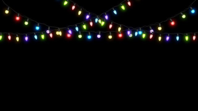 Colorful Christmas String Lights Blinking on Top Border Isolated Alpha Channel Loop Animation for New Year and Holiday and Birthday Videos Overlay Motion design element