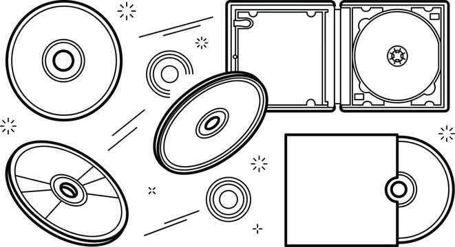 Compact disc and dvd vector line art icon set featuring retro media storage cases sleeves and envelopes