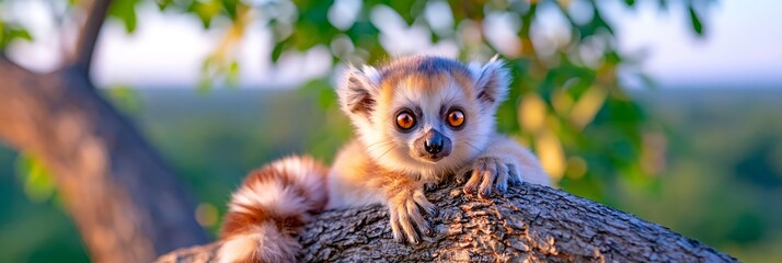 Fototapeta premium Cute ring-tailed lemur resting on a tree branch, looking directly at the camera with bright curious eyes, warm sunlight and lush green foliage creating a soft natural background.