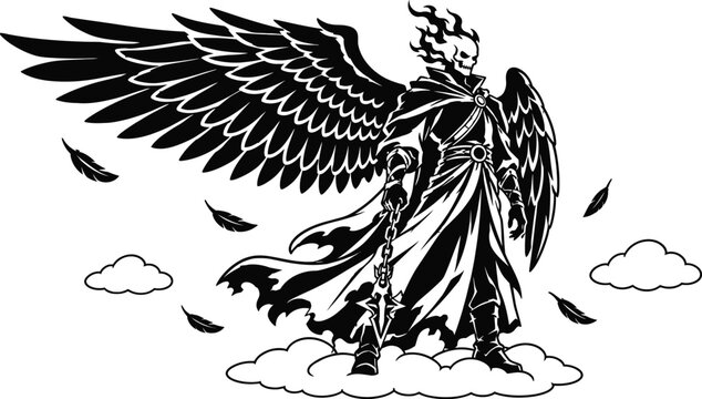 Flaming skull winged reaper standing on clouds holding chain weapon black and white vector illustration