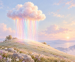 Obraz premium Pastel Rainbow Rain Over Dreamy Flowered Hillside
